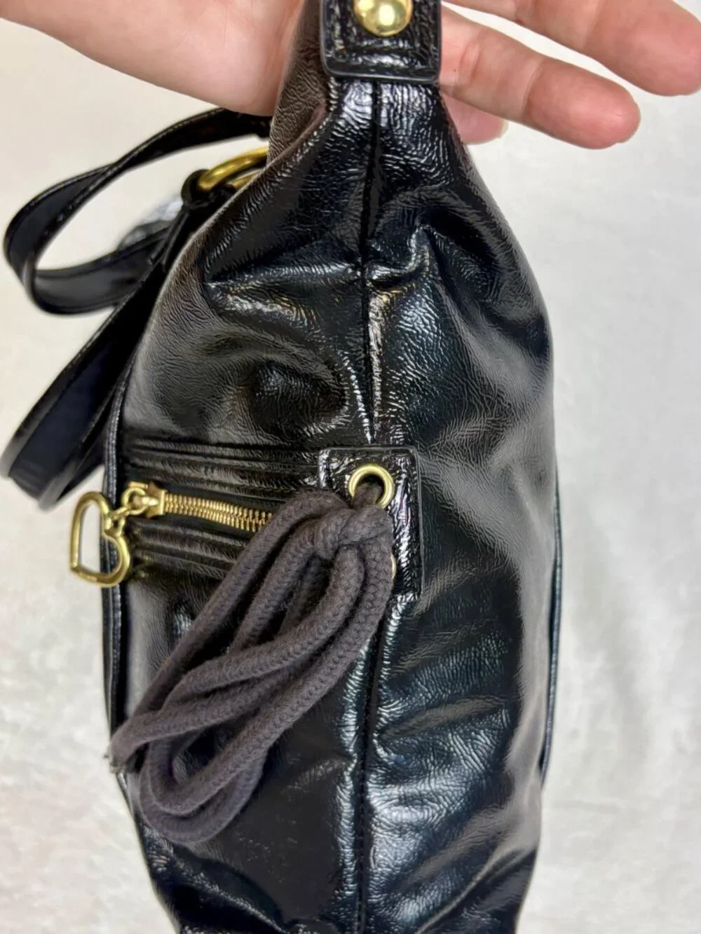 Coach Y2K Poppy Daisy Liquid Gloss Tote in Black Patent Leather with Scarf